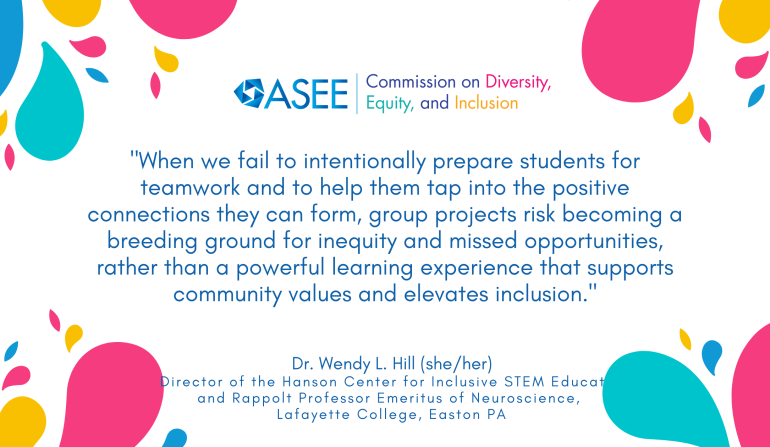 Pull quote from text: When we fail to intentionally prepare students for teamwork and to help them tap into the positive connections they can form, group projects risk becoming a breeding ground for inequity and missed opportunities, rather than a powerful learning experience that supports community values and elevates inclusion.