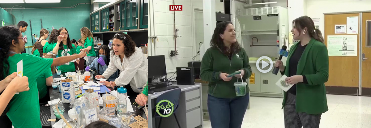 Left: Students engage in a science activity with an instructor at a lab table. Right: Two women have an interview in a laboratory, with one holding lab samples and the other a microphone.